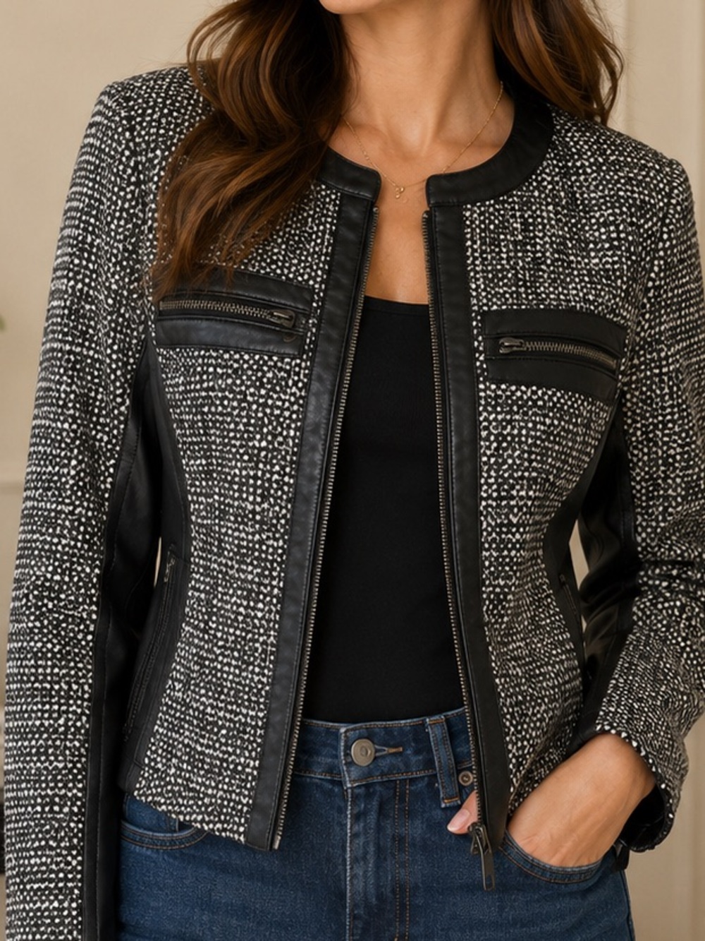 Womens Black & White Tweed Leather Zip-Front Jacket Small